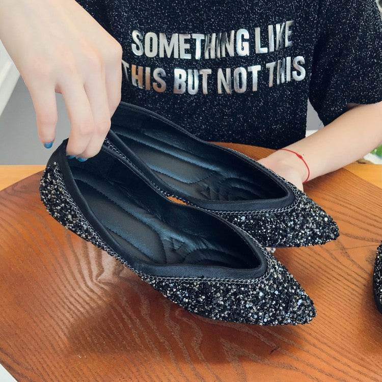 Sequins Flats Pointed Toe Flat Slip-on Shoes - Mubimart