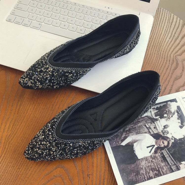 Sequins Flats Pointed Toe Flat Slip-on Shoes - Mubimart