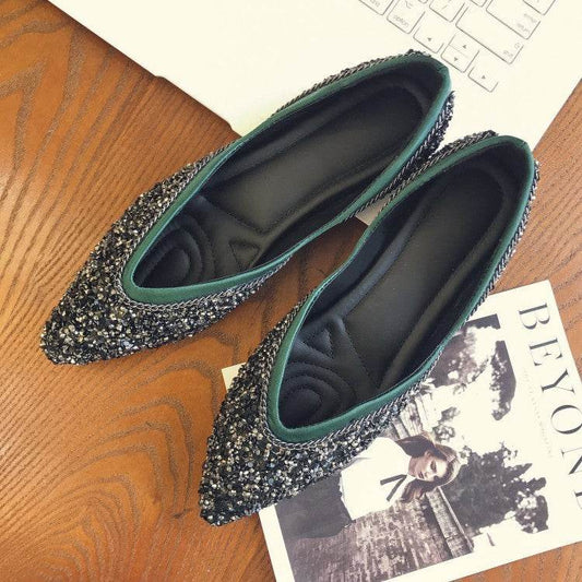 Sequins Flats Pointed Toe Flat Slip-on Shoes - Mubimart
