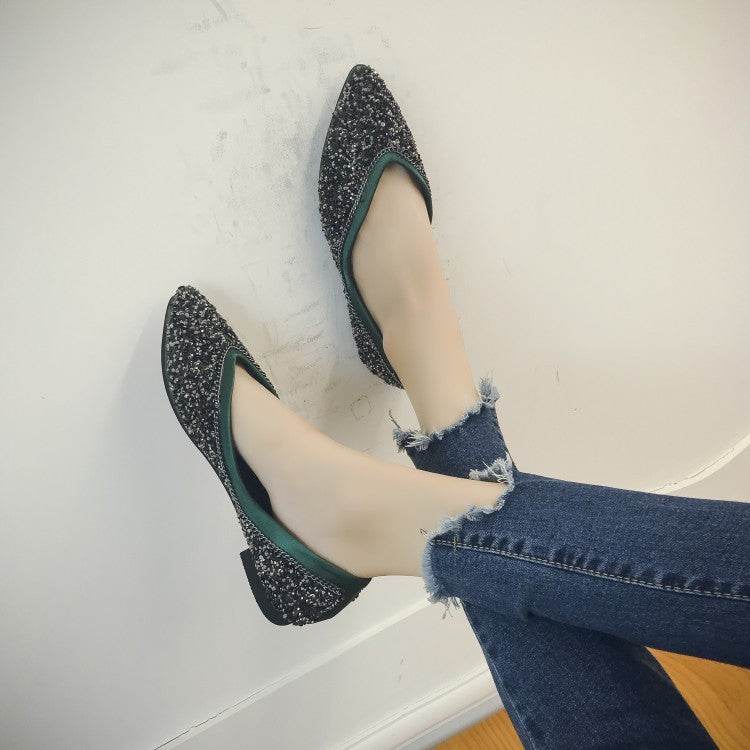 Sequins Flats Pointed Toe Flat Slip-on Shoes - Mubimart