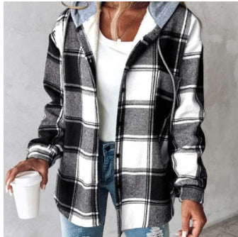 Plaid Hooded Jacket Fashion Casual Button Pocket Coat Autumn And Winter Women's Clothing