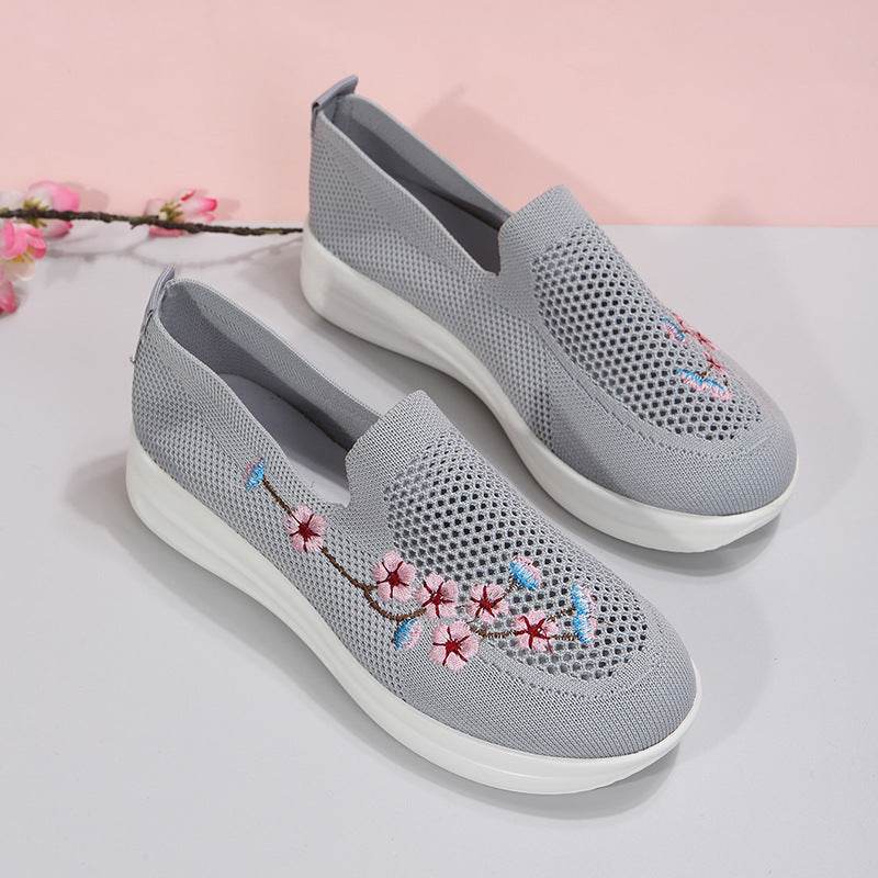 Loafers Women Flowers Embroidery Shoes Breathable Mesh Flats - Mubimart
