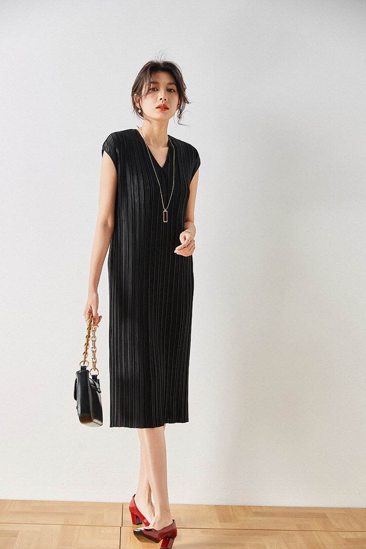 Vintage Inspired Pleated Midi Dress - Mubimart
