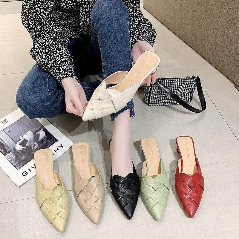 Pointed Soft Leather Sandals Women's Mid-heel Mules - Mubimart