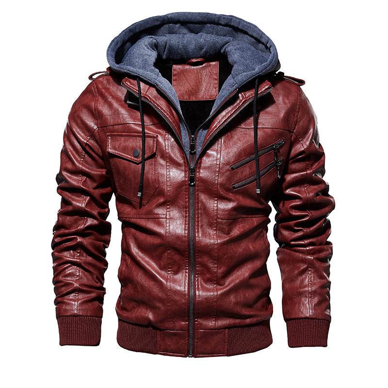 Men's Leather Jacket Men's PU Leather Hooded Leather Jacket - Mubimart
