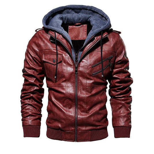 Men's Leather Jacket Men's PU Leather Hooded Leather Jacket - Mubimart