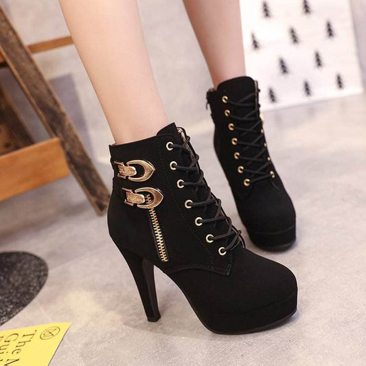 Korean Style Short Tube And Ankle Boots Women Fashion High Heels European And American Popular Lace-up Shoes Women - Mubimart
