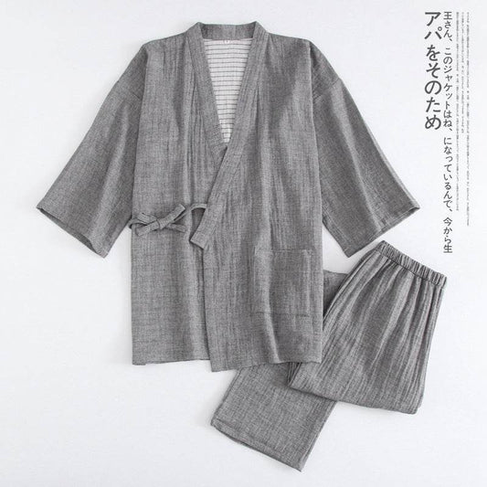 Woven Cotton Washed Color Spinning Double Gauze Kimono Pajama Set - Mubimart