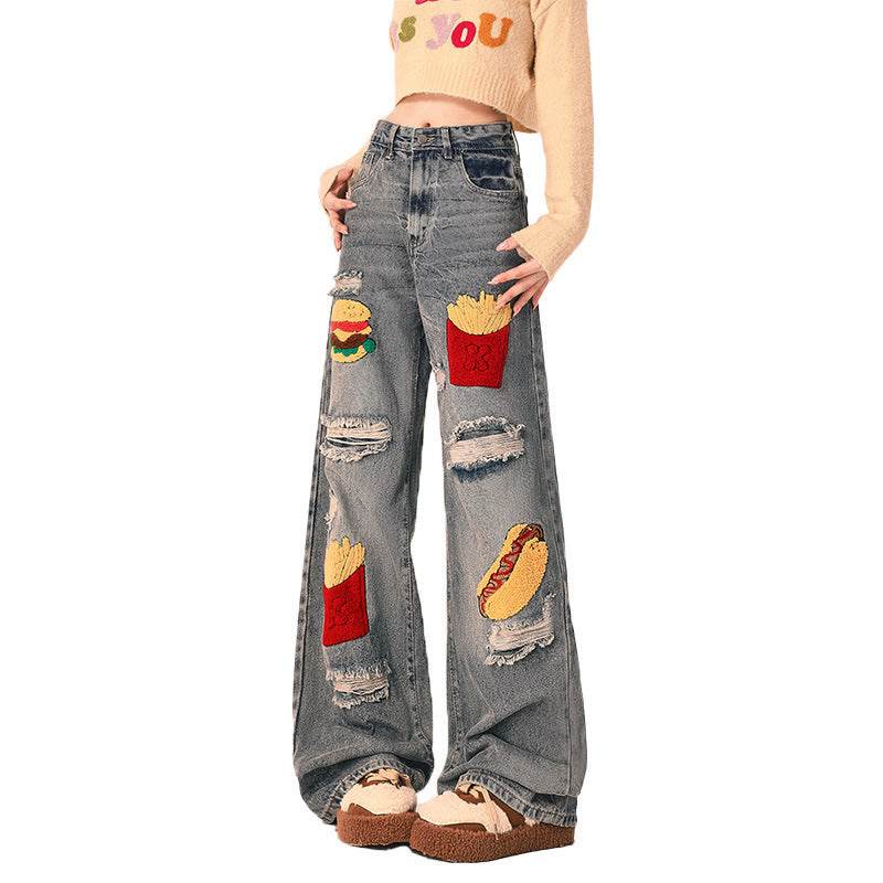 Ripped Jeans Women Loose Straight Wide Leg Oversized Trousers - Mubimart