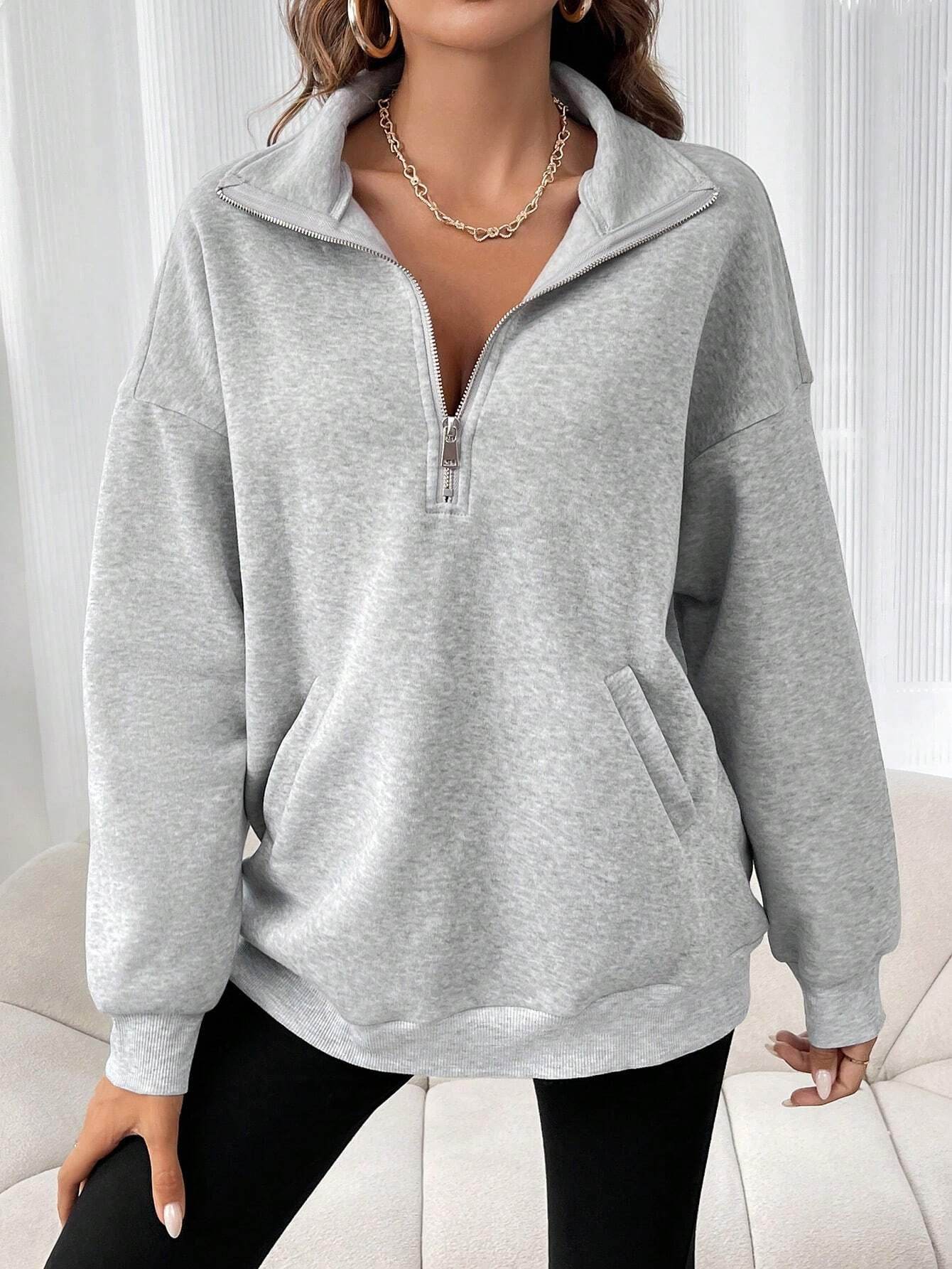Polo Collar Solid Color Casual Women's Hoodie - Mubimart