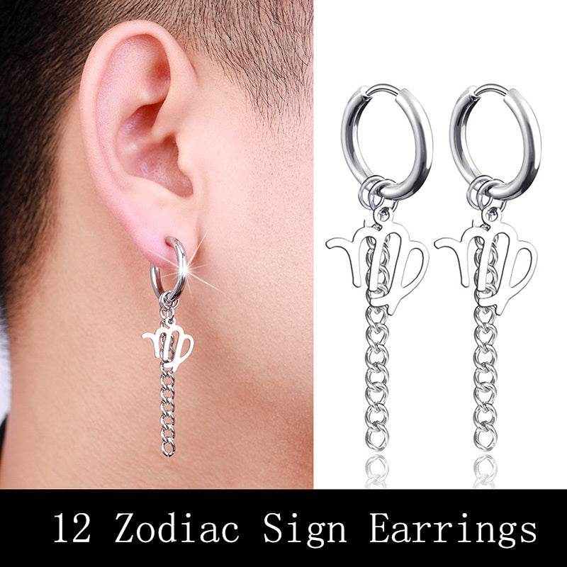 Hip Hop Zodiac Sign Link Chain Tassel Dangle Earrings For Men Women Constellation Jewelry - Mubimart