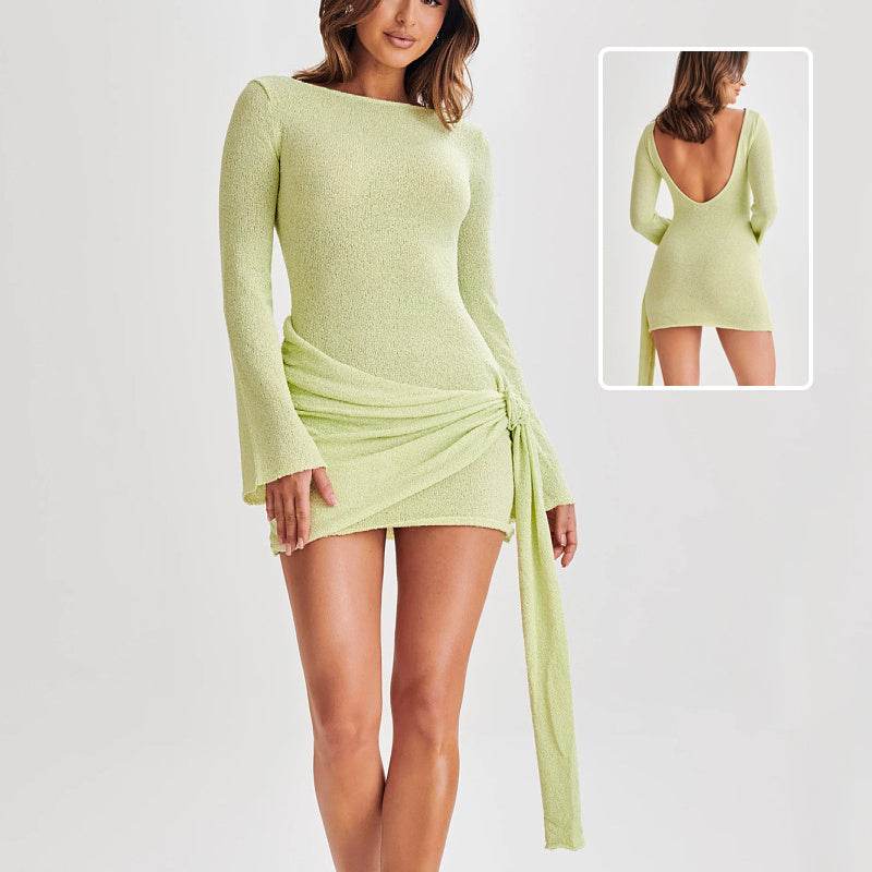 Fashion Slim Long-sleeved Dress Y2K Sexy Hip-hugging V-shaped Backless Short Dresses Womens Clothing - Mubimart