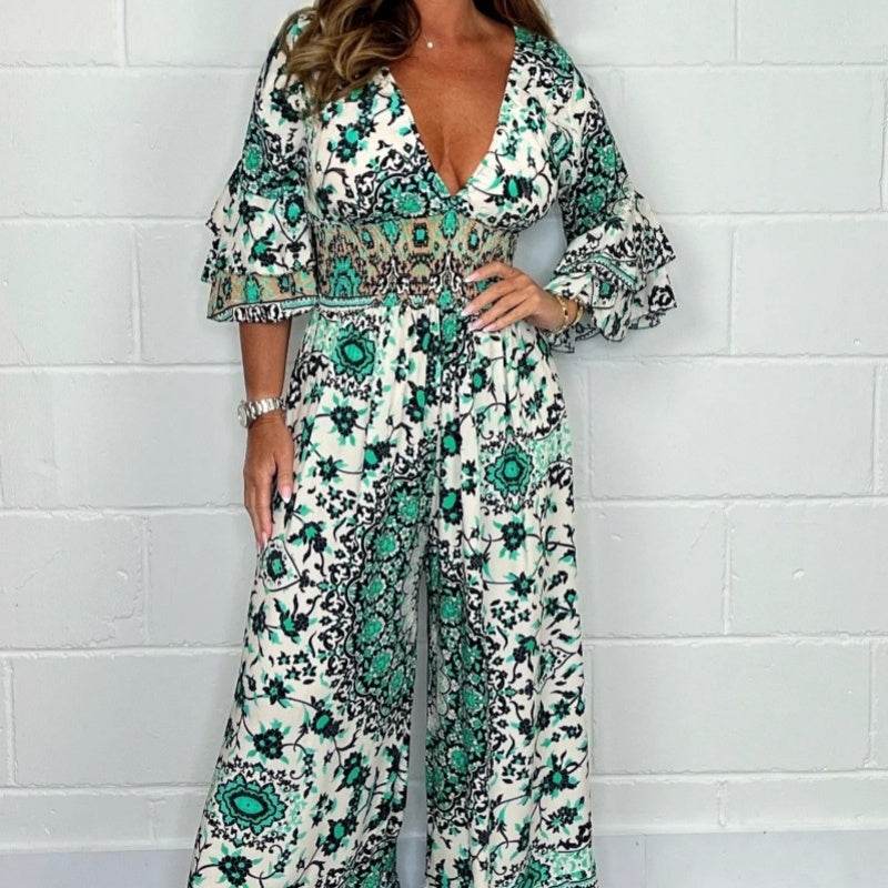 V-neck Printed Jumpsuit Plus Size Casual Jumpsuit - Mubimart