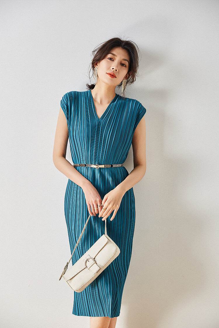 Vintage Inspired Pleated Midi Dress - Mubimart