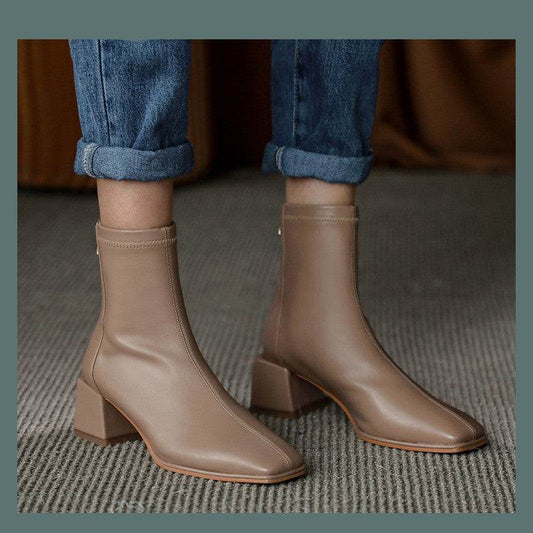 Elastic Mid-heel Block-heel Square Toe Martin Boots - Mubimart