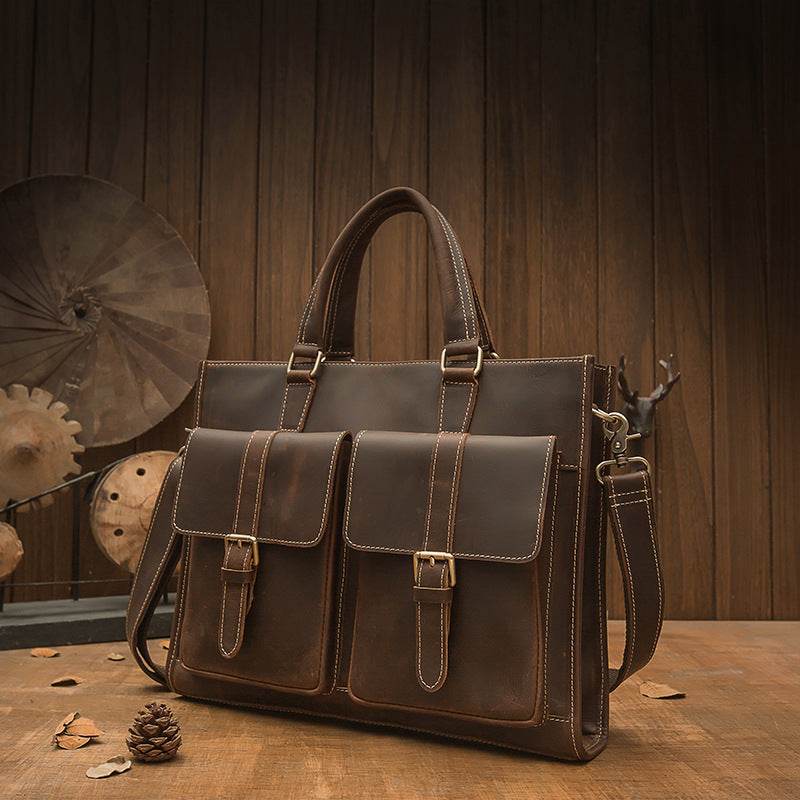 Handmade Vintage Leather Men's Briefcase - Mubimart