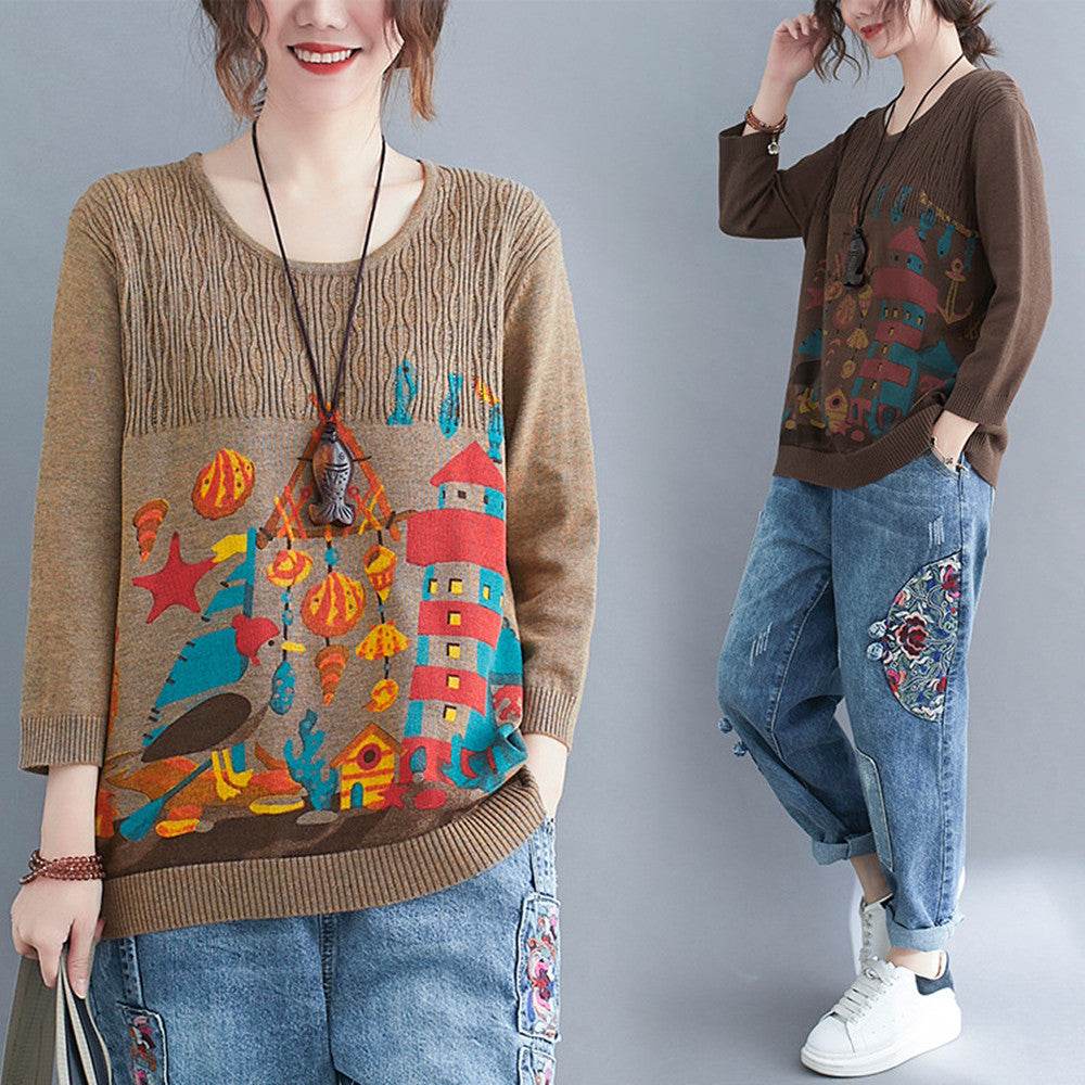 Literary Plus Size Knitted Loose Pullover Top - Mubimart