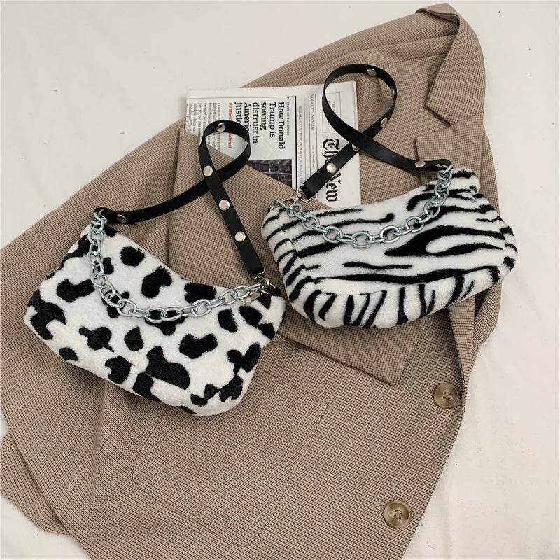 Leopard Pattern Plush Bag Personality Diagonal Women Bag Chain Bag Bag Shoulder - Mubimart