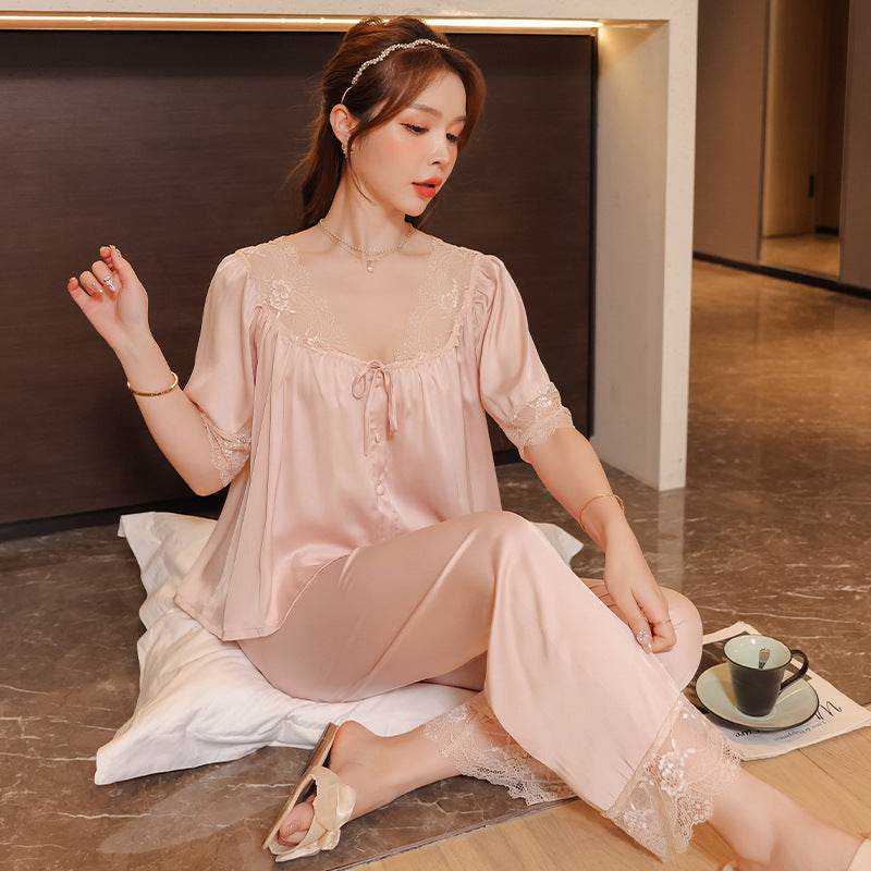 French Lace Home Pajama Set - Mubimart