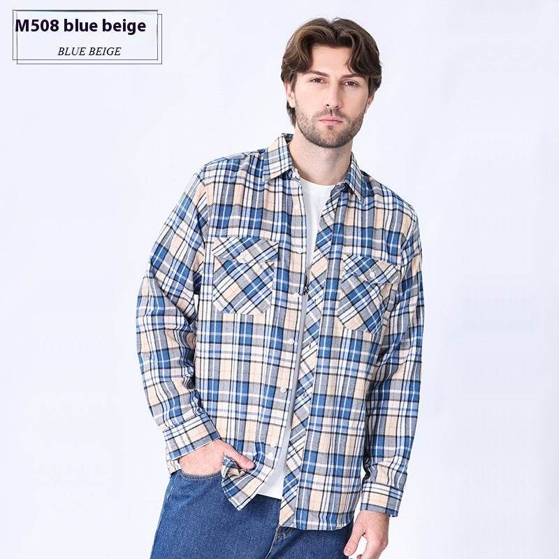 Vintage Flannel Men's Long Sleeve Brushed Plaid Shirt Coat - Mubimart