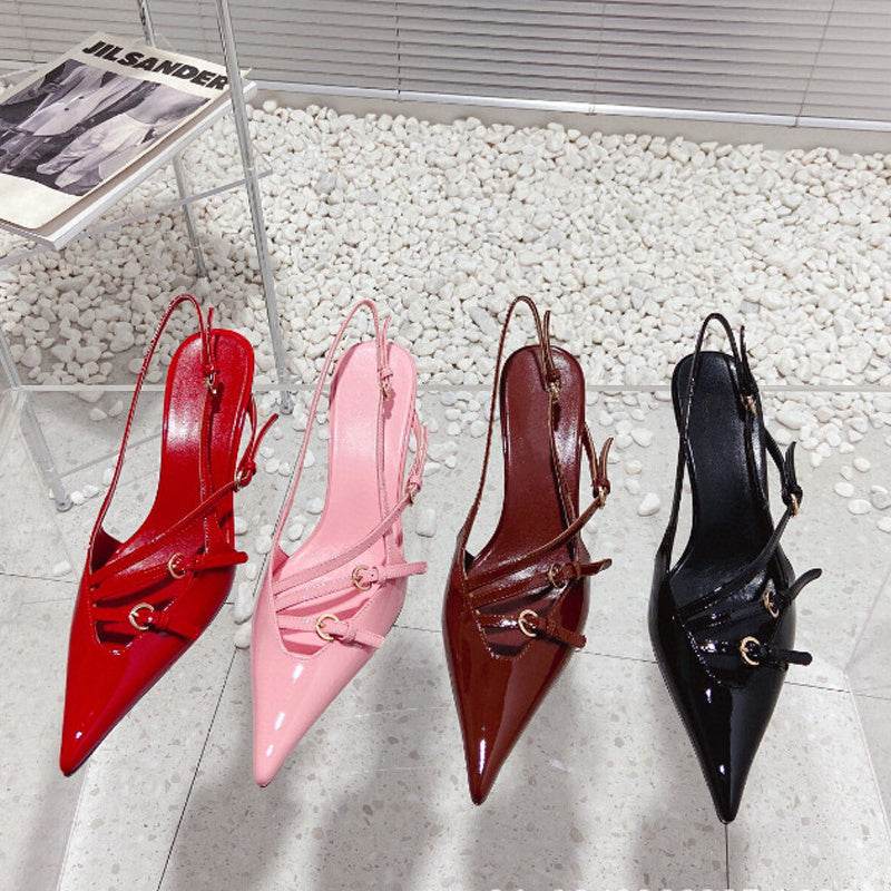 French Style Pointed Toe Kitten Heel Sandals Closed Toe Back Strap High Heels Belt Buckle - Mubimart