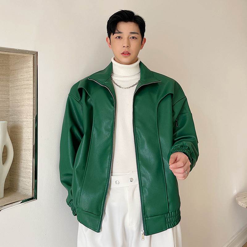 Mens Fashion Lapel Short Biker Leather Jacket - Mubimart