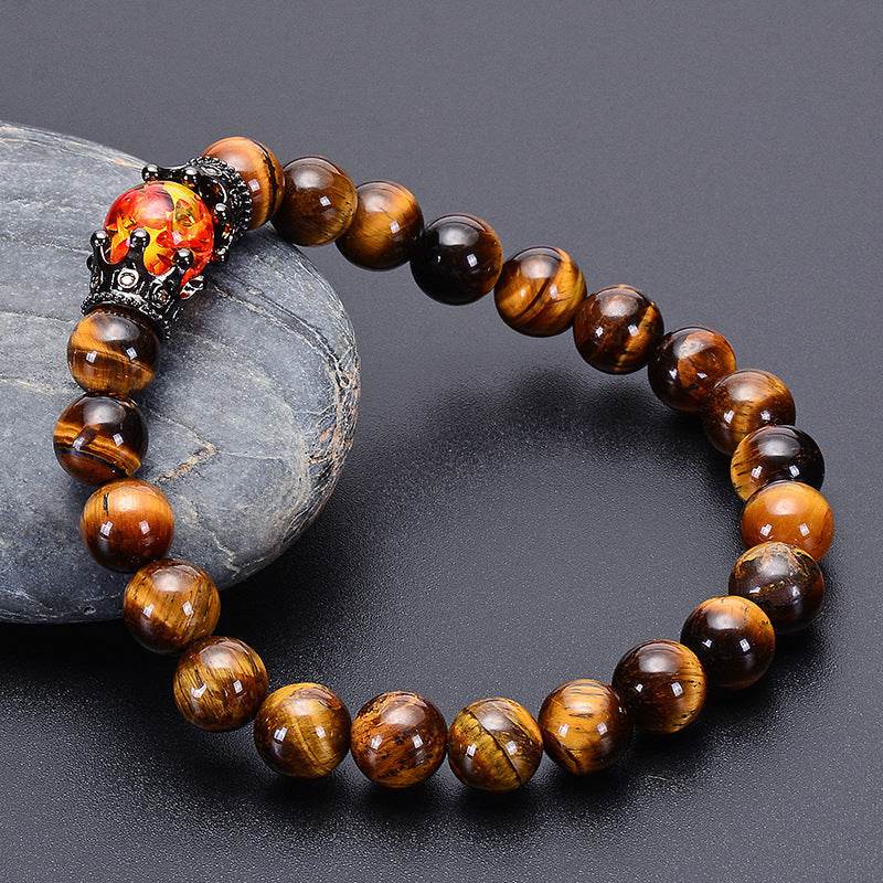 Obsidian Tigereye White-barked Pine Vintage Alloy Crown Bracelet European And American Men And Women Beaded Bracelet - Mubimart