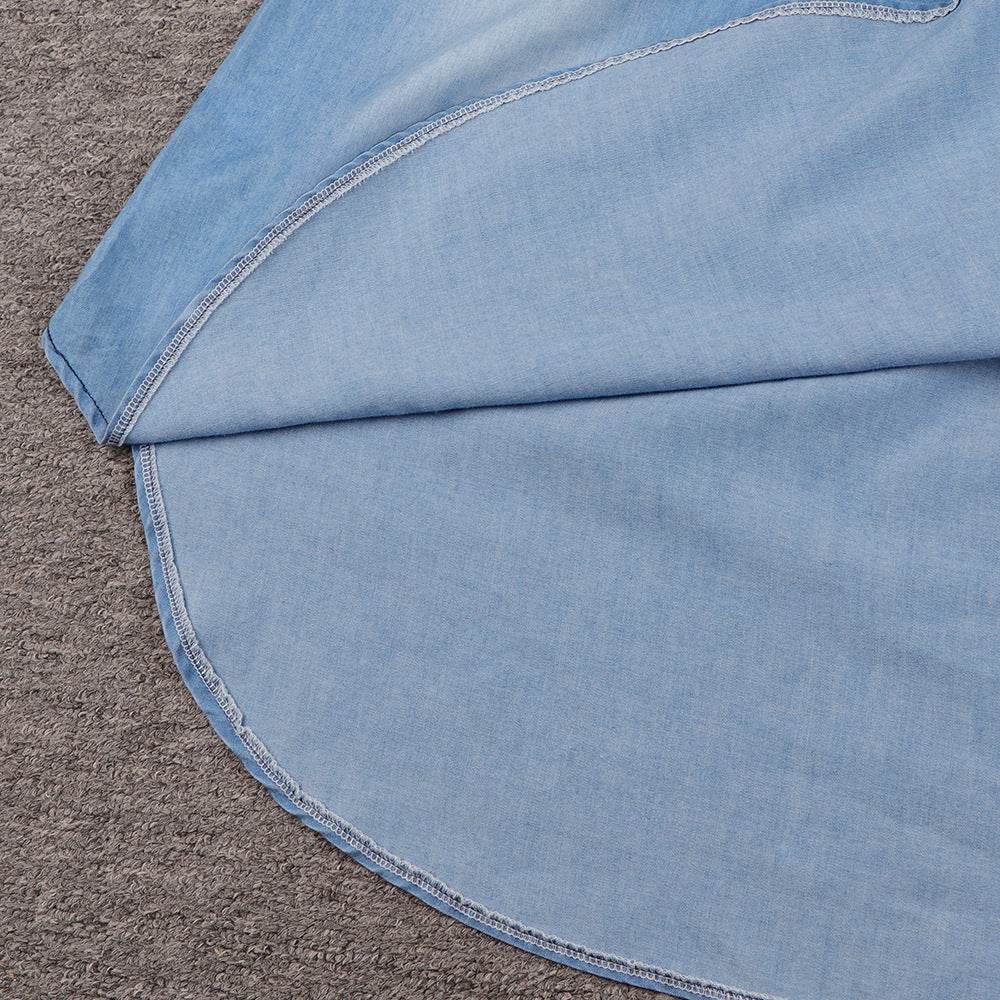 Round Neck Pleated Loose Solid Color Casual Plus Size Denim Dress - Mubimart