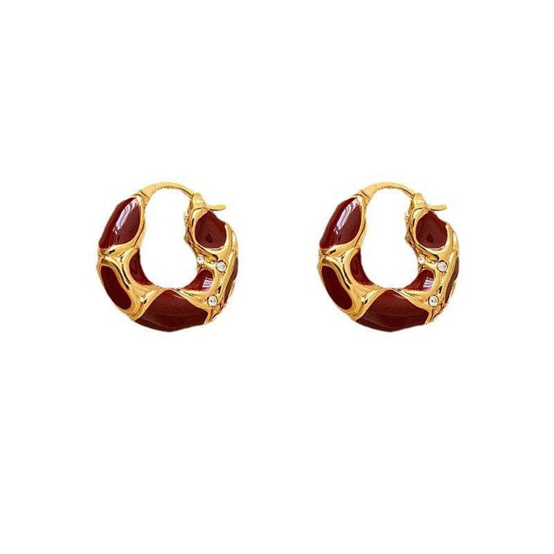 Fashion Jewelry New Trendy Enamel Color Metal Texture Small Hoop Earrings For Women Gold Plated Statement Ear Buckle Creative Jewelry Gifts - Mubimart