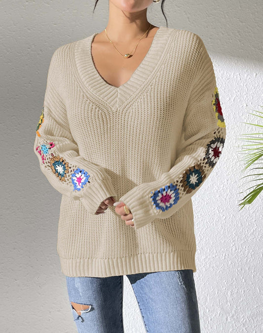 Autumn And Winter Crochet Stitching V-neck Pullover Sweater