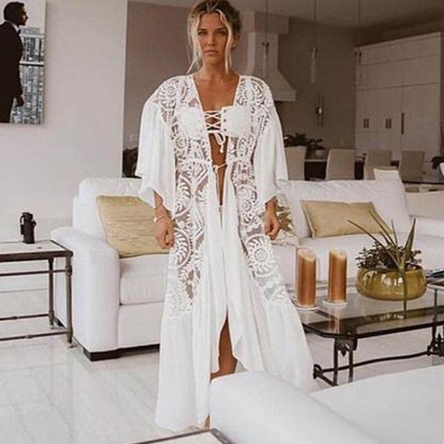 Women Crochet Beach Knitted Beach Cover Up Dress Tunic Long - Mubimart