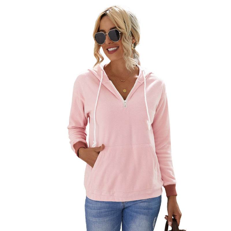 Women Solid Color Hooded Long Sleeve Sweatshirt - Mubimart
