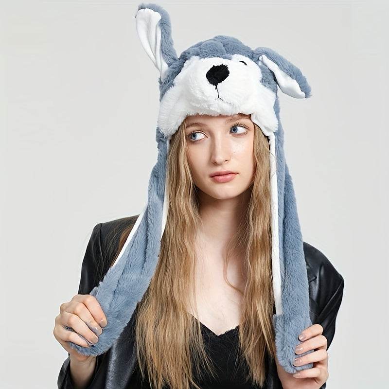 Cute Animal Moving Ear Hat Cute Panda Dog Frog Puppy Plush Hats Halloween Cosplay Party Earflap Hat For Women - Mubimart
