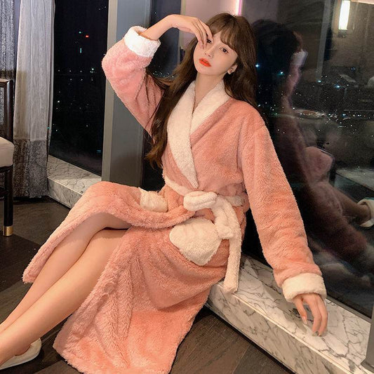 Winter Nightgown Women Coral Fleece Plus Velvet Thick Bathrobe Cute - Mubimart