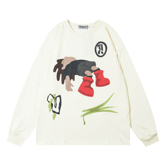 Cartoon Printed Crew Neck Sweatshirt Men - Mubimart