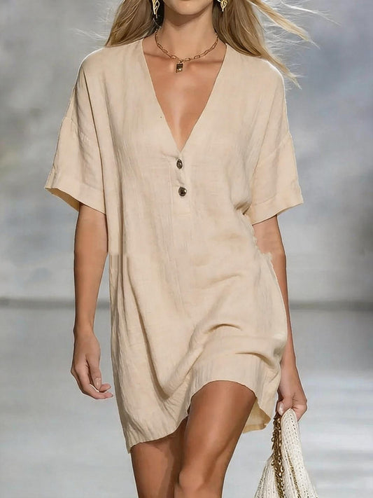 Short-Sleeve V-Neck Cotton-Linen Loose Dress