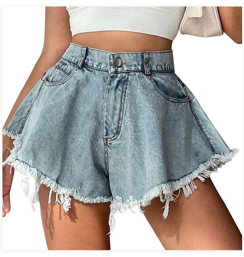 High Waist Loose-fitting Tassel Denim Shorts For Women - Mubimart
