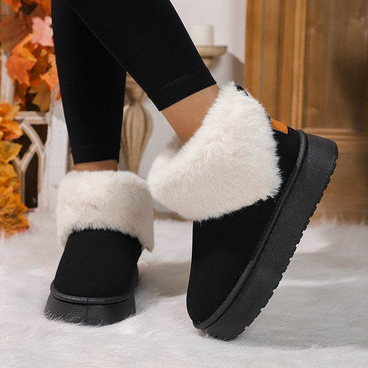 Winter Plush Snow Boots Fashion Round Toe Flat Thickened Suede Cotton Shoes For Women Casual Warm Short Boot - Mubimart