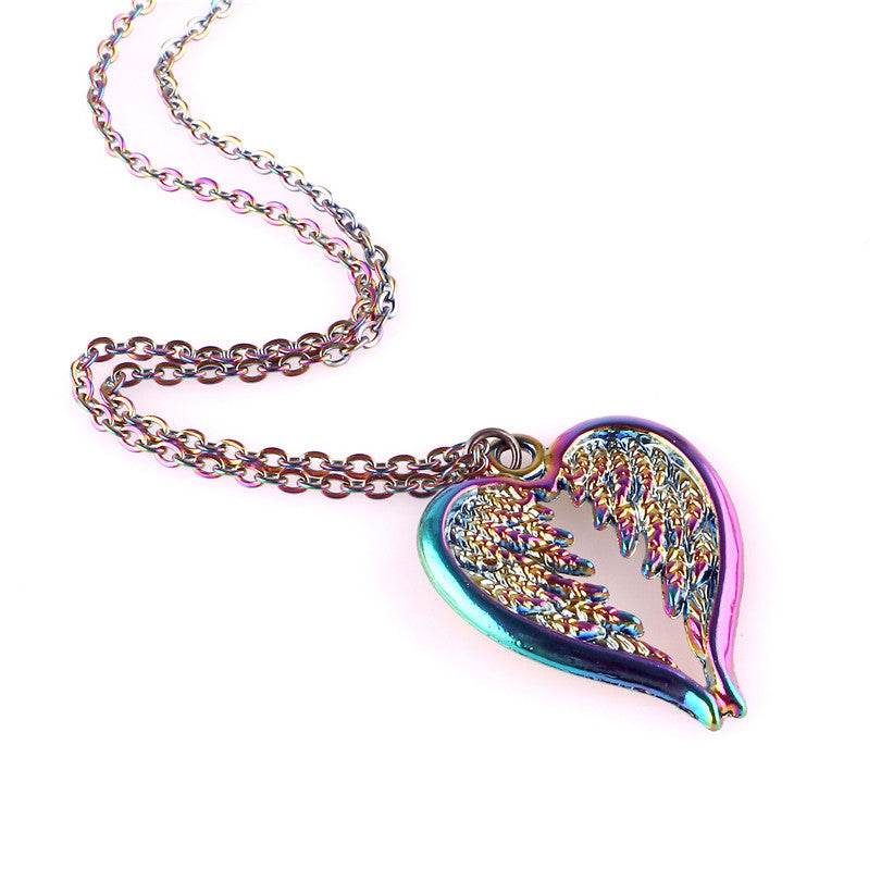 Rainbow Necklaces Feather Wing Heart Choker Necklaces - Mubimart