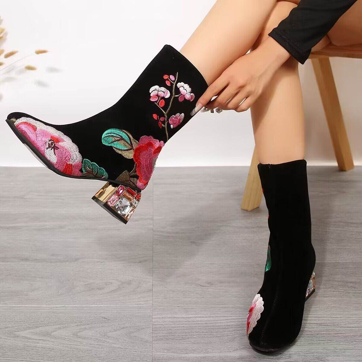 Flower Mid-calf Vintage Embroidery Autumn And Winter Women's Boots - Mubimart