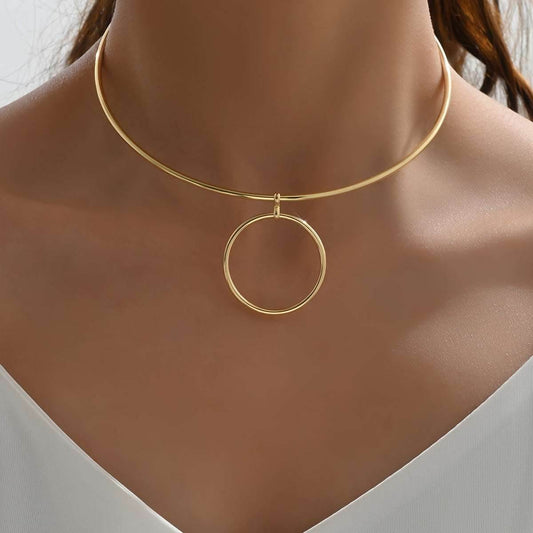 Women Collar Choker Necklace Big Circle Geometric Metal Pendants Torques Statement Necklaces - Mubimart