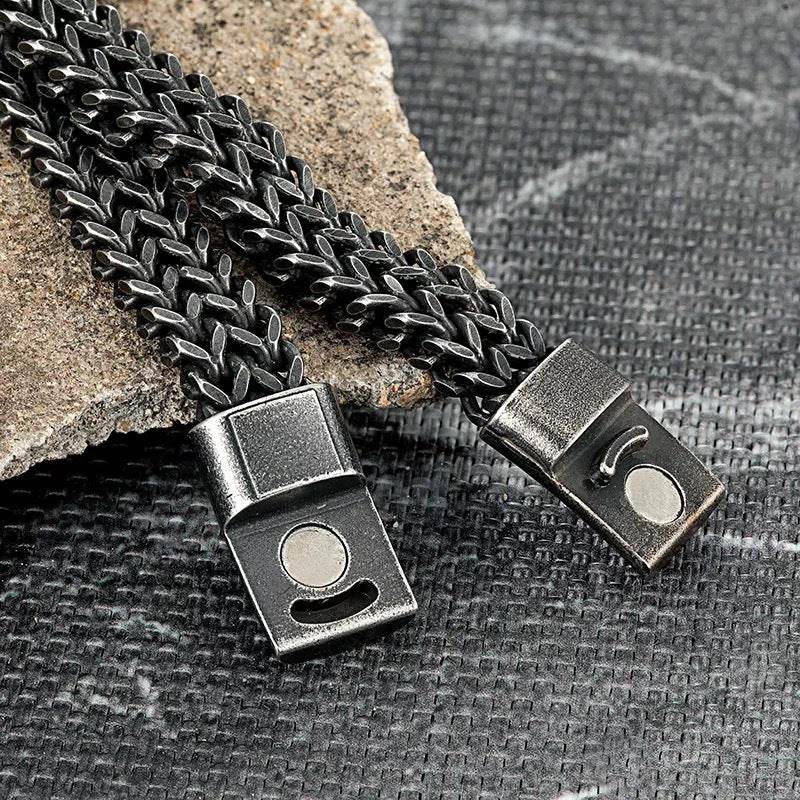Black Vintage Mens Bracelet Punk Double Chain Stainless Steel - Mubimart