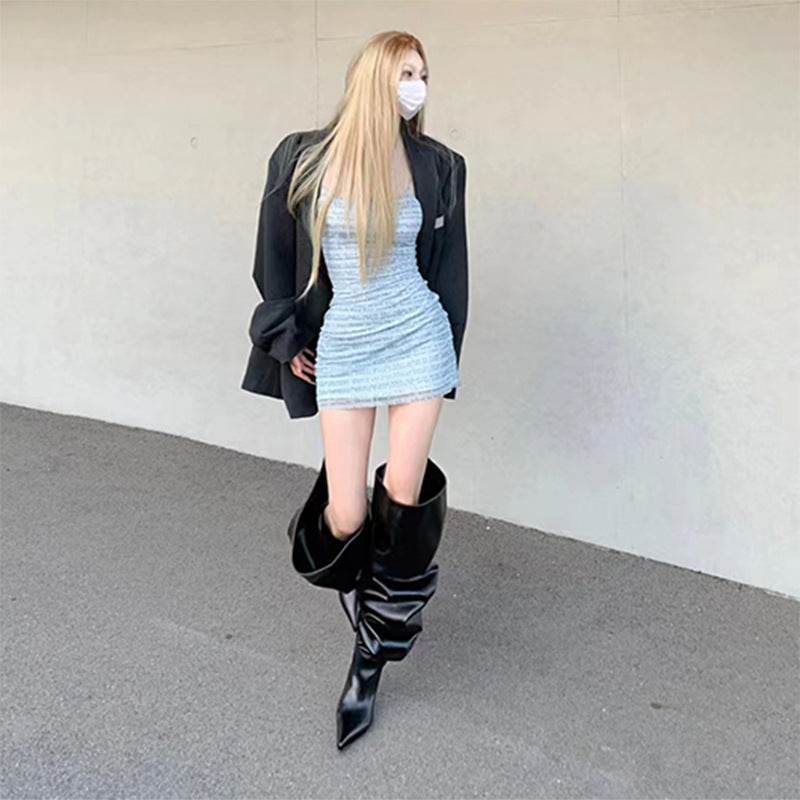 Women's Zipper Pleated Over The Knee Boots - Mubimart