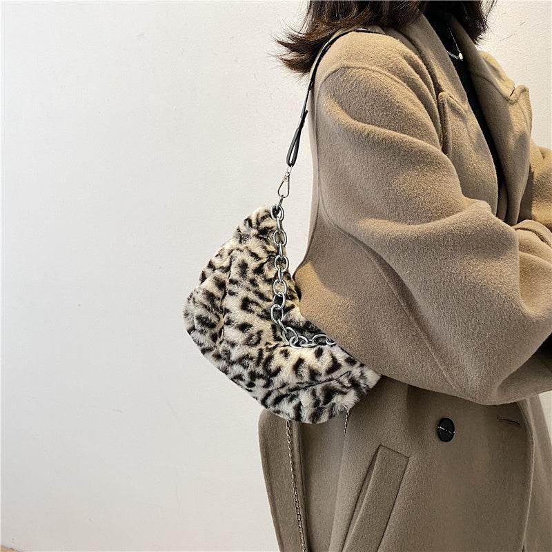 Leopard Pattern Plush Bag Personality Diagonal Women Bag Chain Bag Bag Shoulder - Mubimart