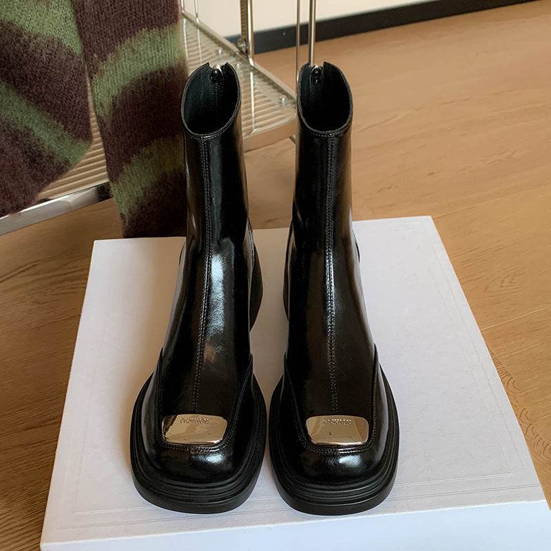 Women's Square Toe Vintage Chunky Heel Boots - Mubimart