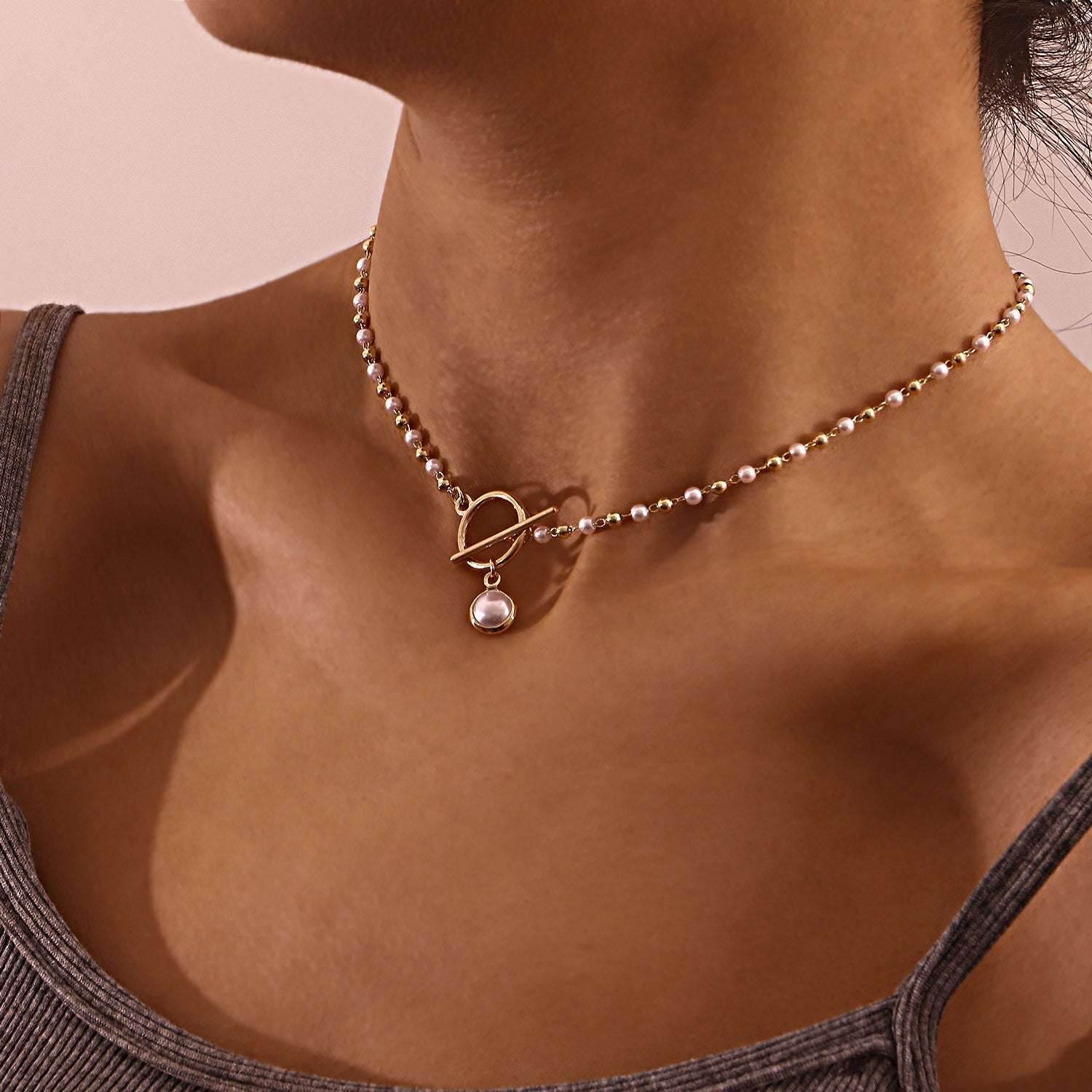 Simple Pearl Chain OT Buckle Necklace Women - Mubimart