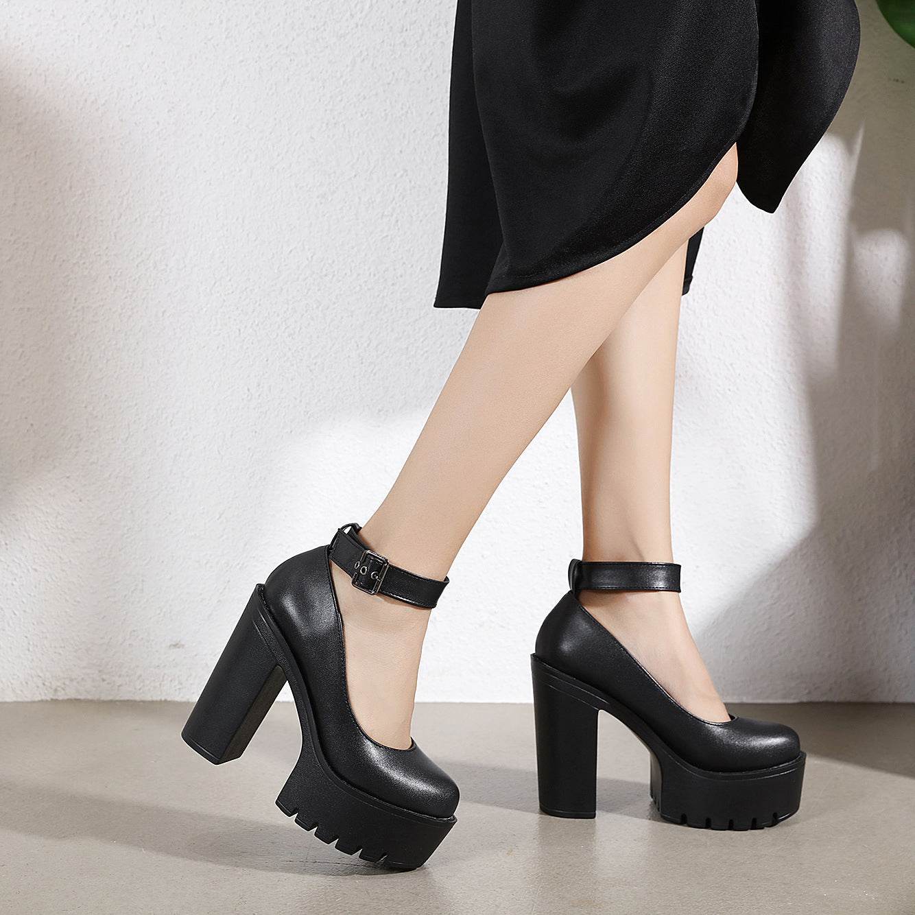 Black Platform Belt Buckle Chunky High Heels - Mubimart