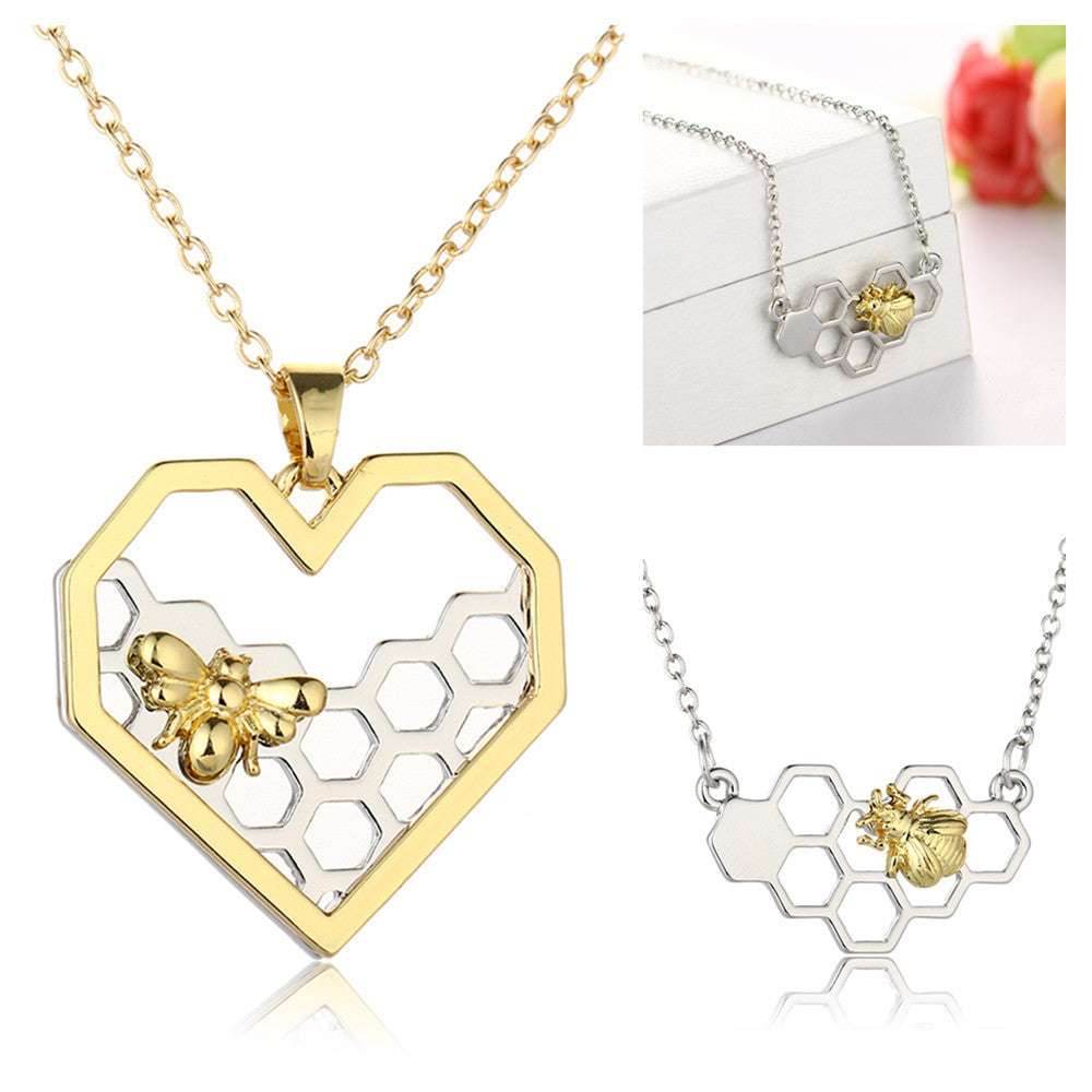 Honeycomb Bee Heart Pendant Necklaces For Women Gold Silver Color Animal Choker Necklace Fashion Wedding Jewelry - Mubimart