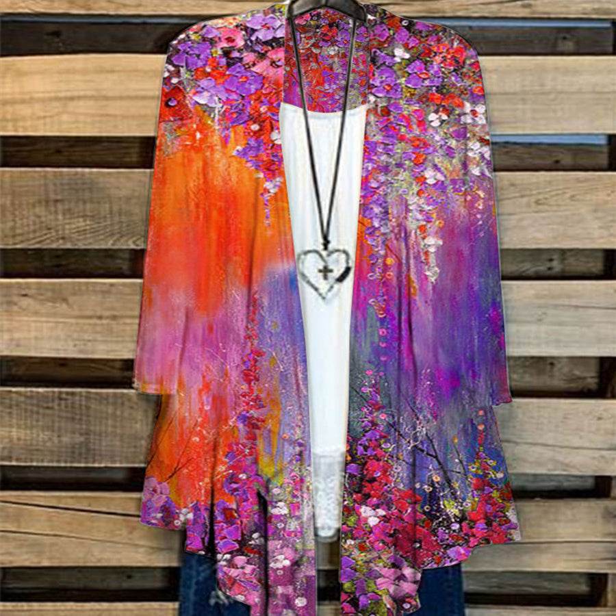 Simple Cardigan Plus Size Women's Printed Coat Top - Mubimart