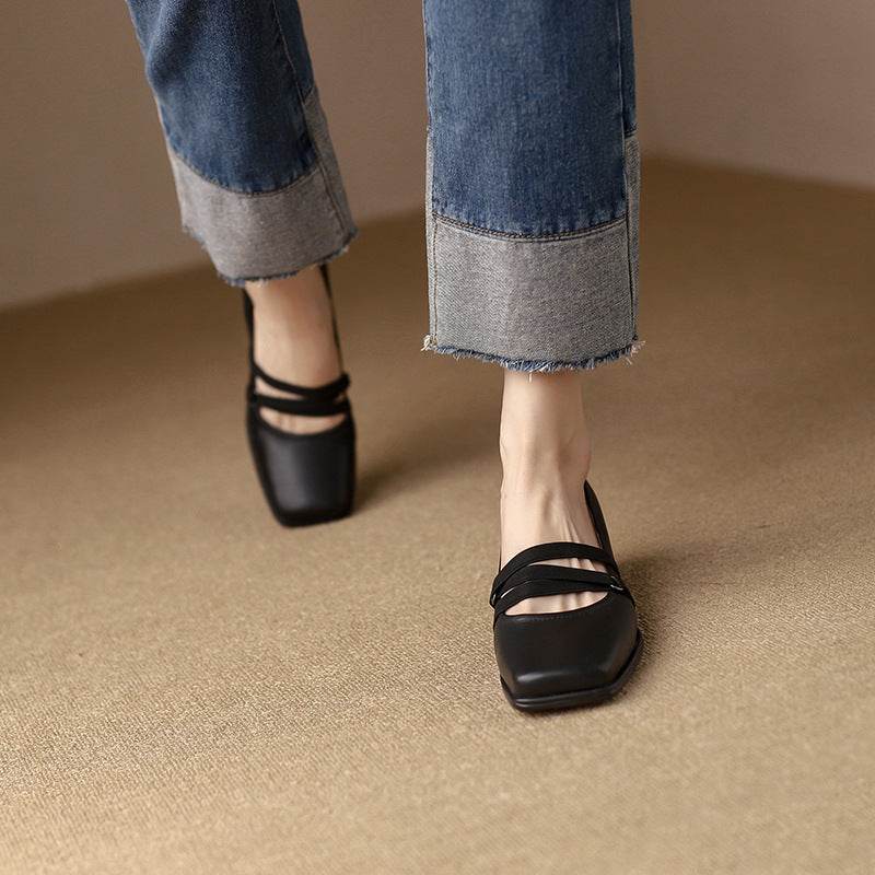 Niche Ins Square Toe Low-cut Shoes Female Retro Brown All-match Kitten Heels - Mubimart